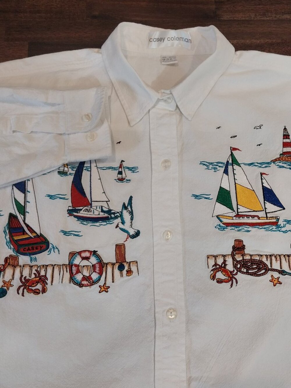 Vintage Casey Coleman Button Down Shirt Women L White Sailboat Nautical Colorful